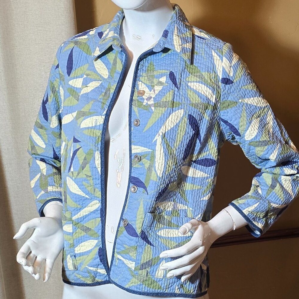 Quilted Vintage ALFRED DUNNER Blue Green & White Leaf Pattern Jacket sz 12P